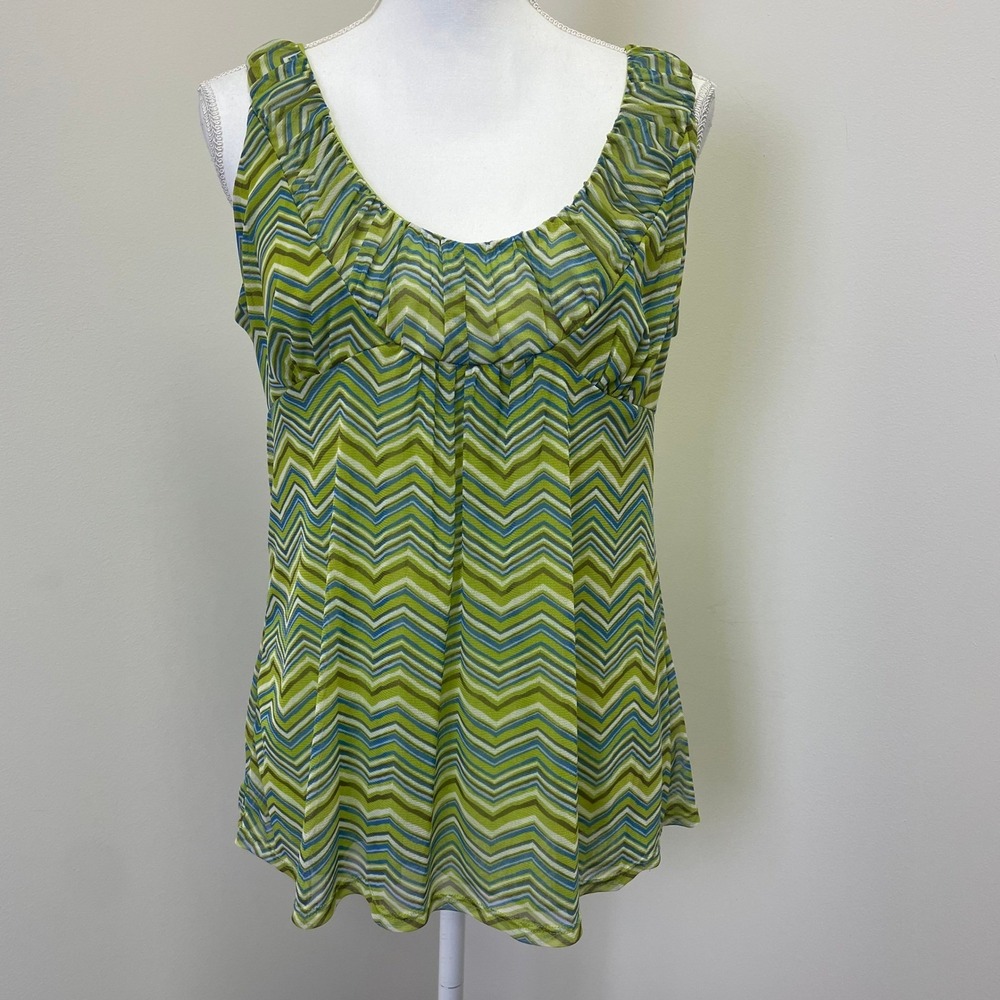 Y2K New York & Company Empire Waist Top L Green Chevron Mesh Streetwear
